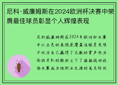 尼科·威廉姆斯在2024欧洲杯决赛中荣膺最佳球员彰显个人辉煌表现