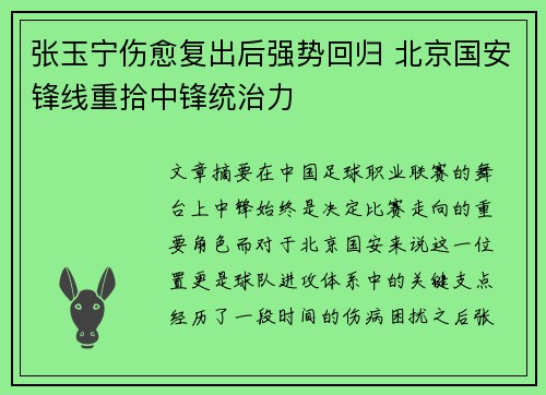 张玉宁伤愈复出后强势回归 北京国安锋线重拾中锋统治力