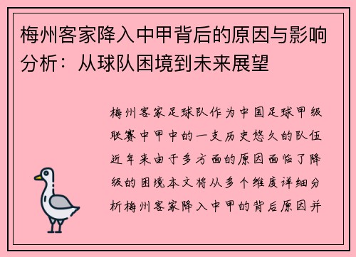 梅州客家降入中甲背后的原因与影响分析：从球队困境到未来展望